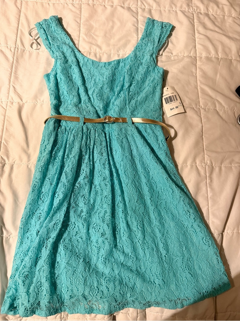 NWT Women's Lace Midi Dress in Aqua with Gold Belt size 9